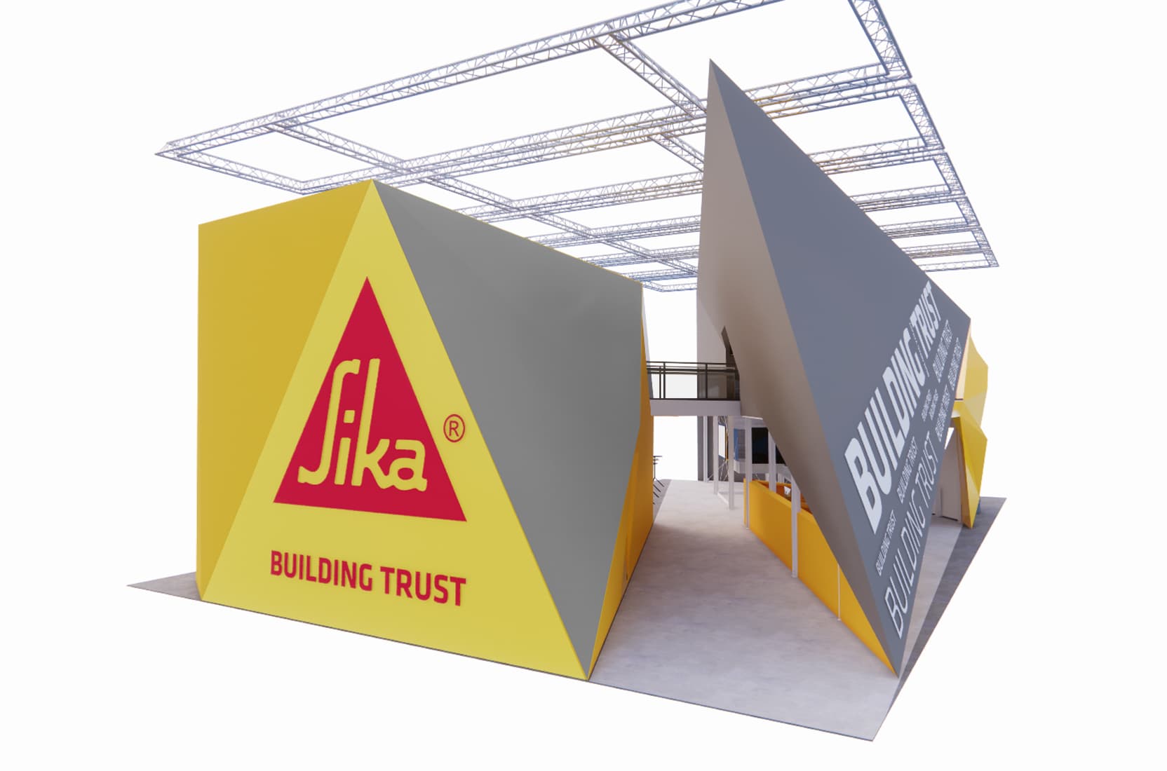 3d-Entwurfszeichnung des Sika-Messestandes für die Messe BAU 2025